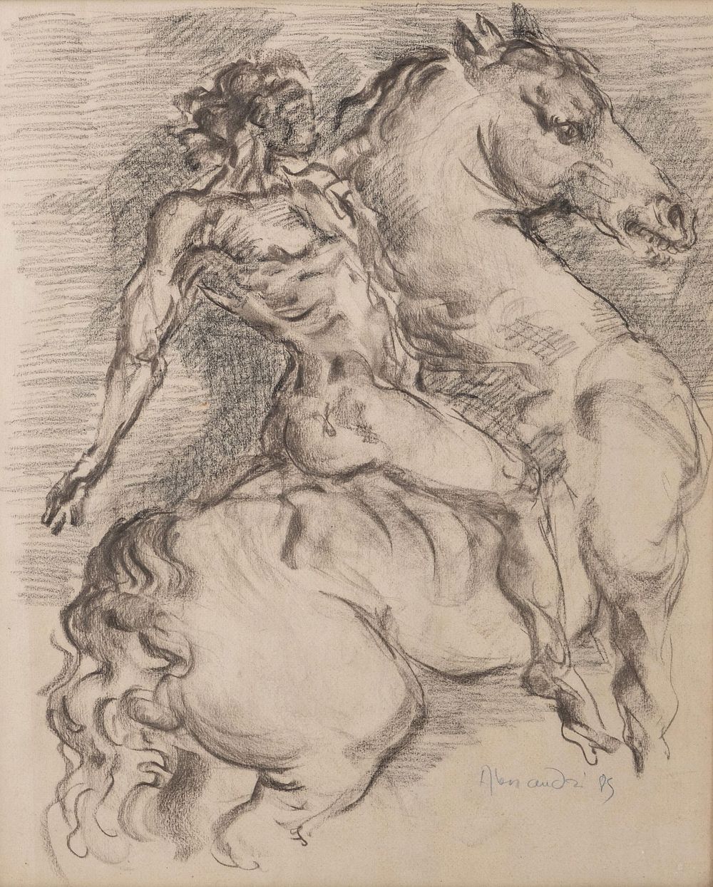 Lot 108: Mystery Artist: Signed 1985 Charcoal Drawing of a Warrior Rider on Horseback