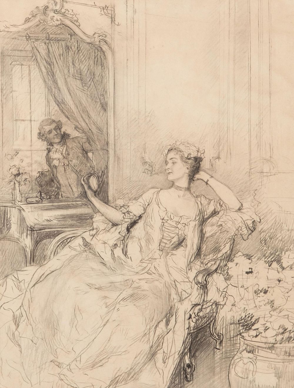 Lot 109: Mystery Artist, Pencil Drawing, Art Deco period drawing with figures wearing 18th century attire