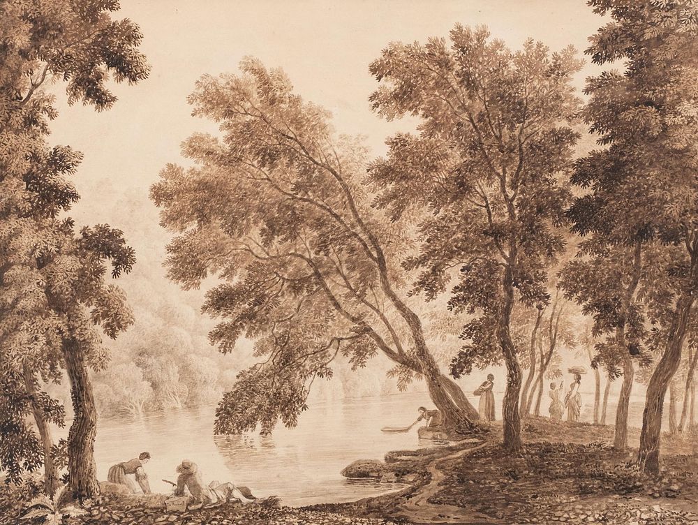 Lot 111: De Robert signed landscape sanguin Painting