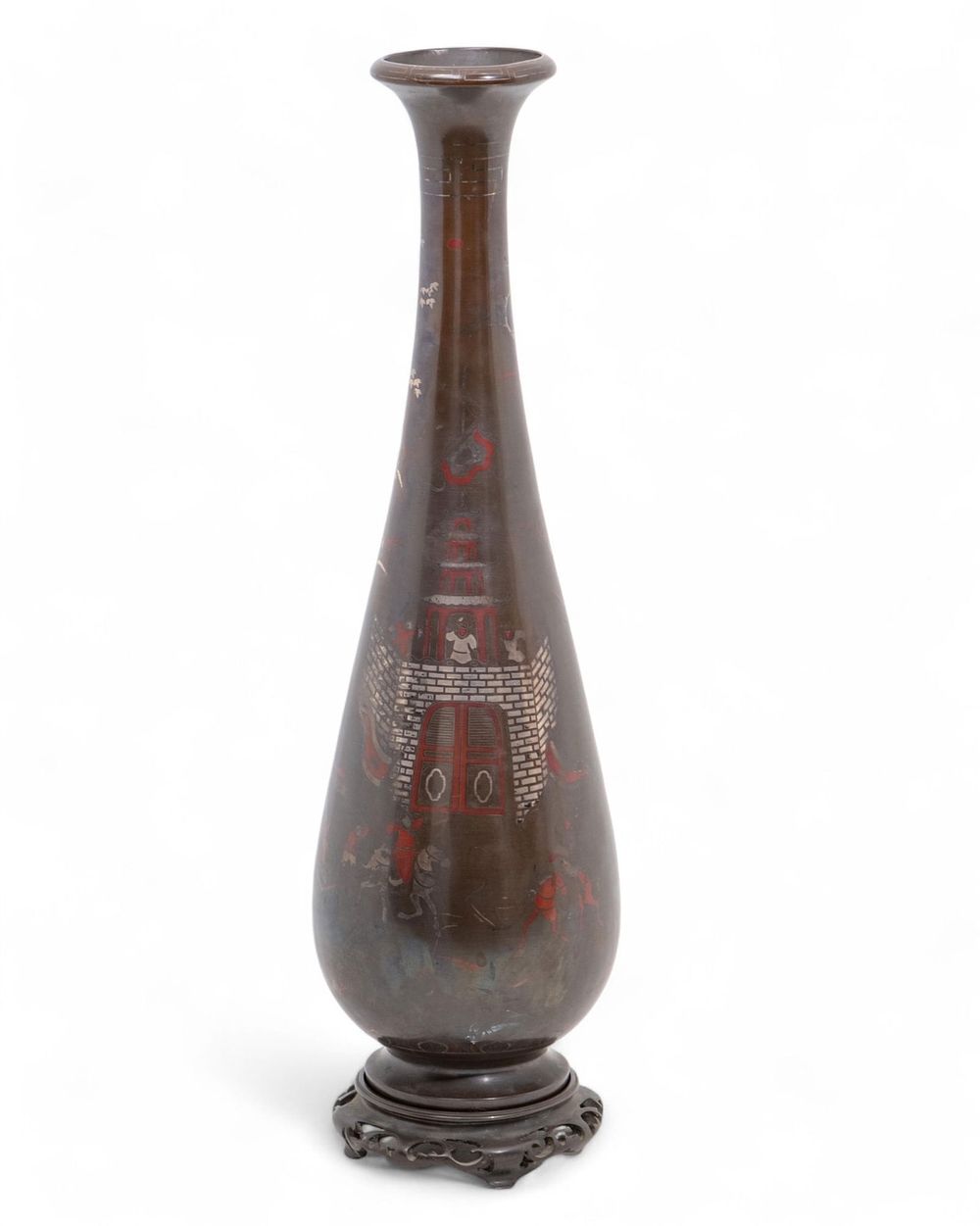 Lot 114: 19th Century Bronze Vase with Silver and Copper Inlay, 27 inches