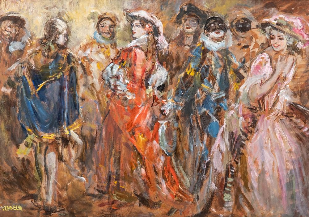Lot 124: Vincenzo La Bella, Oil Painting on Panel of a Masked Ball signed, circa 1940