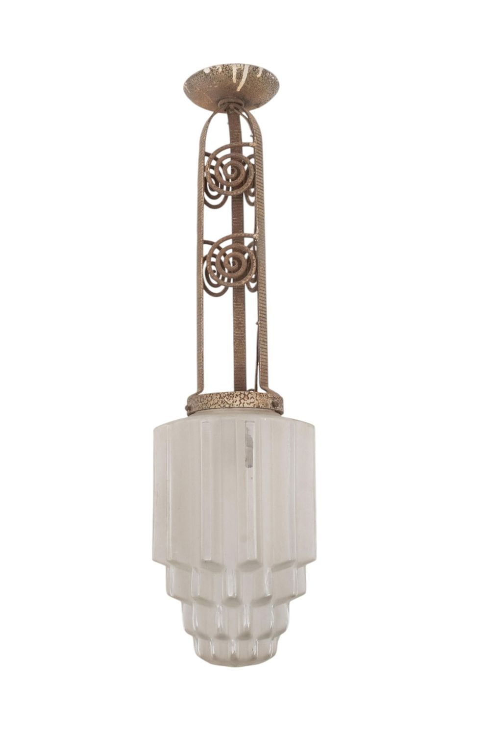 Lot 281: art deco Hanging pendant chandelier ceiling Lamp on Wrought Iron