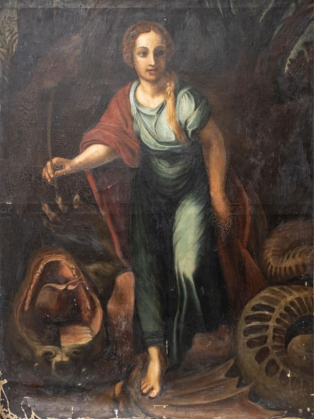 Lot 173: Giulio Romano Old Master Oil on Canvas Painting Depicting Saint Margaret Slaying the Dragon