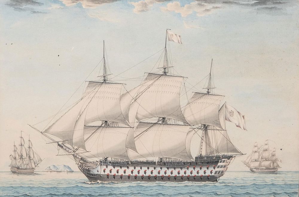 Lot 208: Emric Piux Signed and dated 1804 “Vaisseau Espagnol" Maritime Watercolor Painting, 19th Century