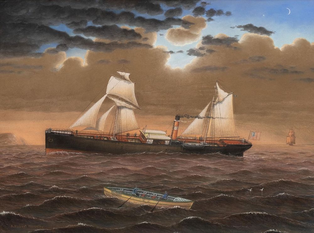 Lot 211: Albert R. Nemethy Signed Pastel Painting Seascape with Freight Ship and Boat