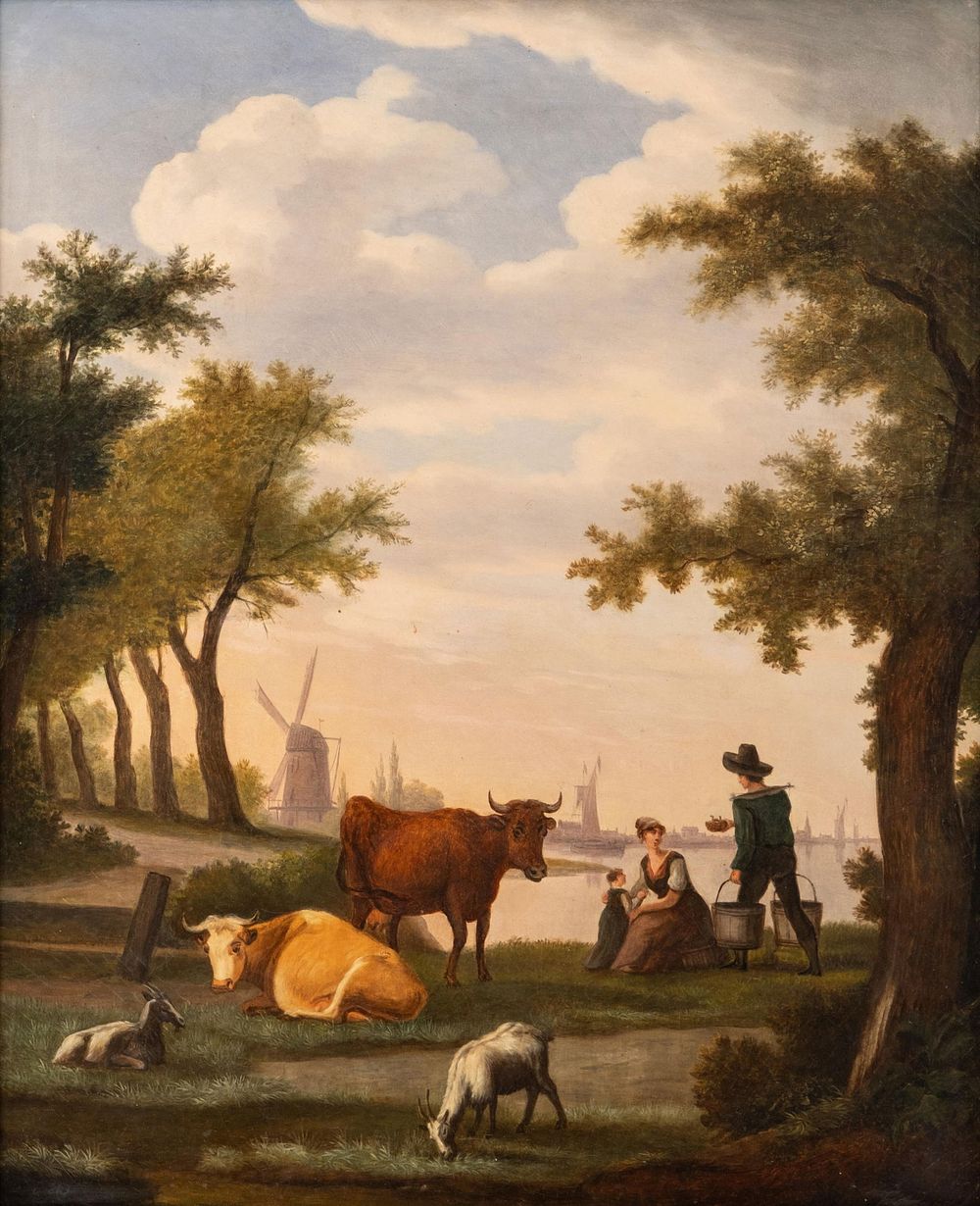 Lot 270: Dutch School Animated Landscape with Cattle, Oil on Canvas Painting, Early 19th Century