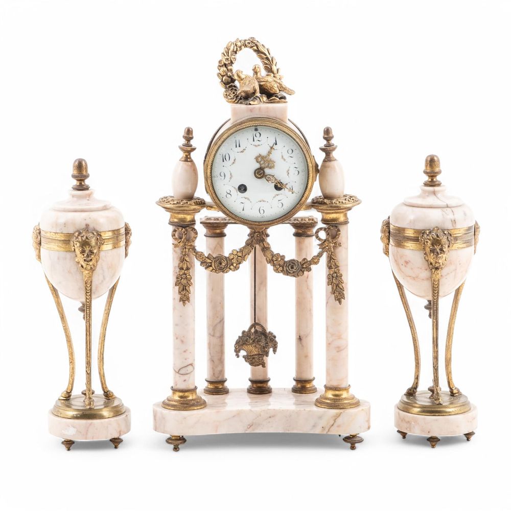 Lot 298: Garniture Clock Set 19th C. Louis XVI Style Marble and Gilt Bronze