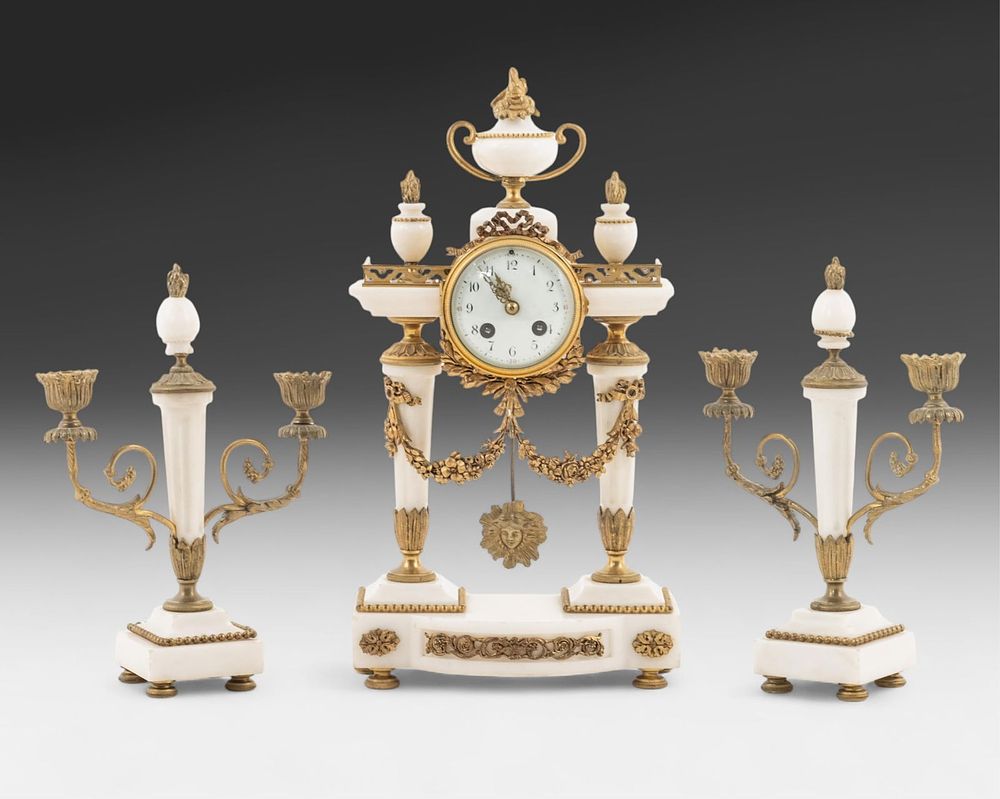 Lot 299: French Antique 19th C. Gilded Bronze and Marble Mantle Clock and Candelabra