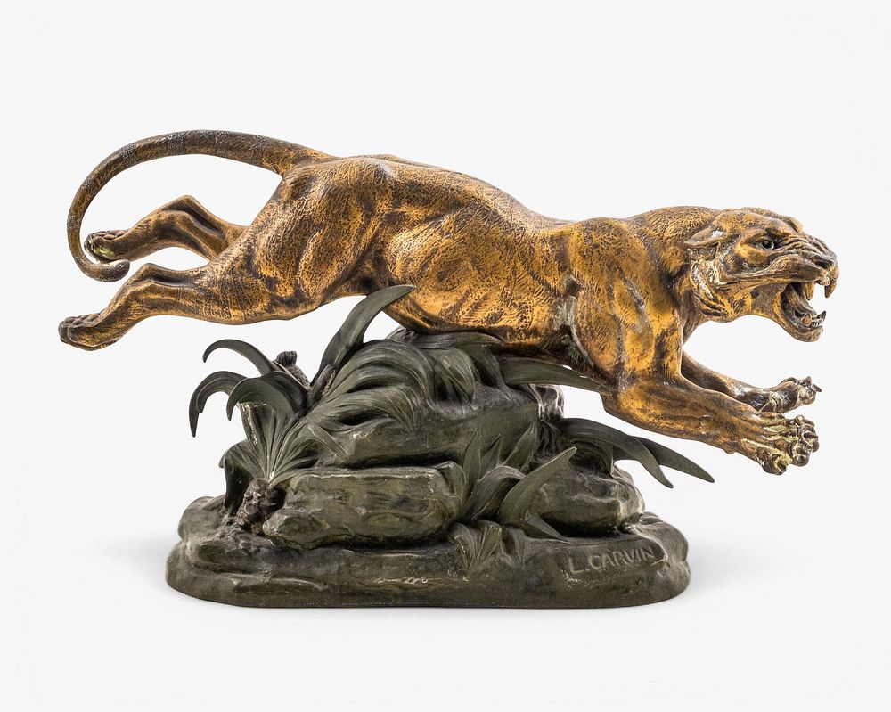 Lot 301: Signed Louis-Albert Carvin Gilded Bronze Tiger Sculpture, Circa 1900's