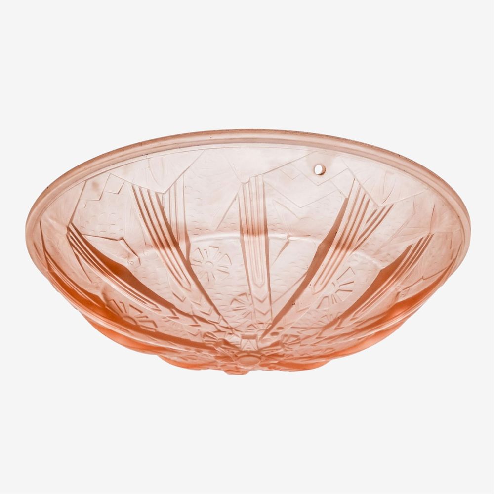 Lot 327: Muller Freres Signed Art Deco French Pink Molded Etched Art Glass Ceiling Fixture, 1930's