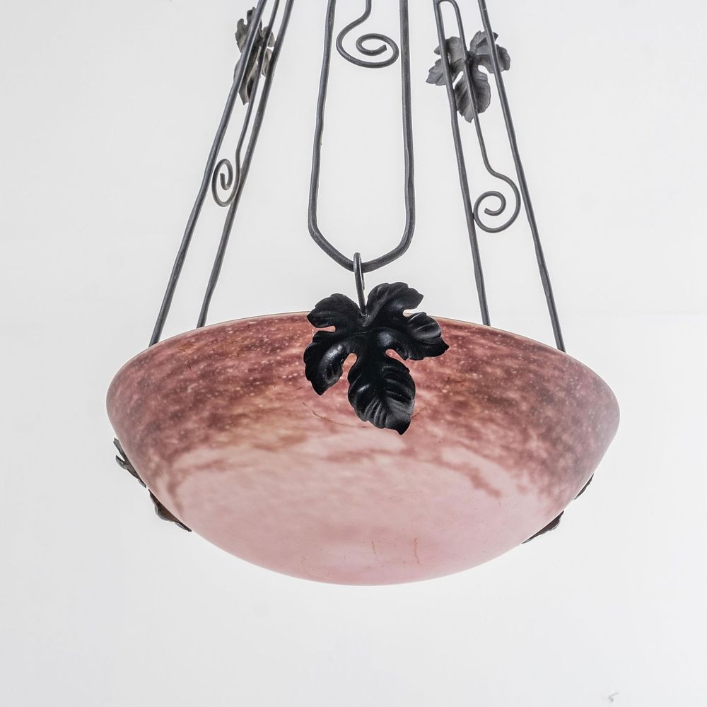 Lot 329: Delatte Inverted Dome Pendant Light, French Art Glass, signed, circa 1935