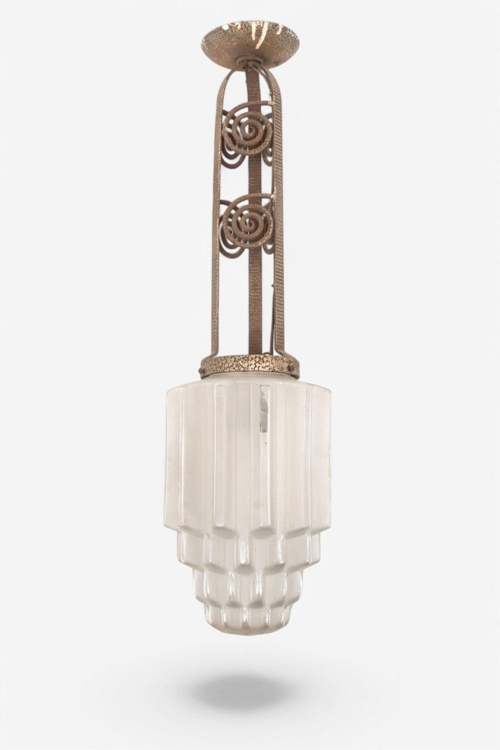 Lot 348: Art Deco Hanging Pendant Chandelier Ceiling Lamp on Wrought Iron