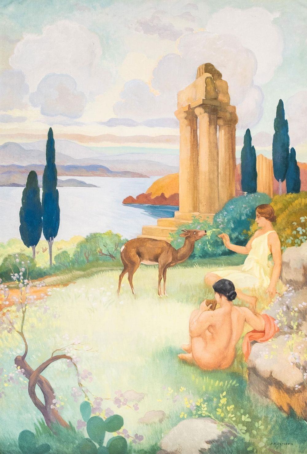 Lot 356: Monumental Jean Frederic Canepa Signed Art Deco Symbolist Oil on Canvas Painting, Circa 1920, 78 x