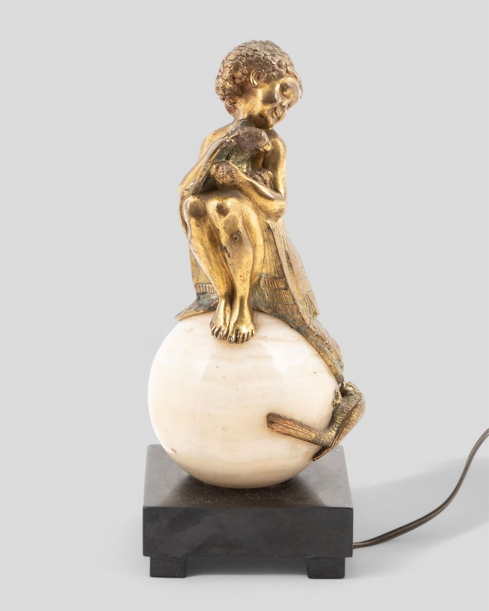 Lot 390: Gilded Bronze and Alabaster Lamp with Girl and Parrots, Circa 1930's
