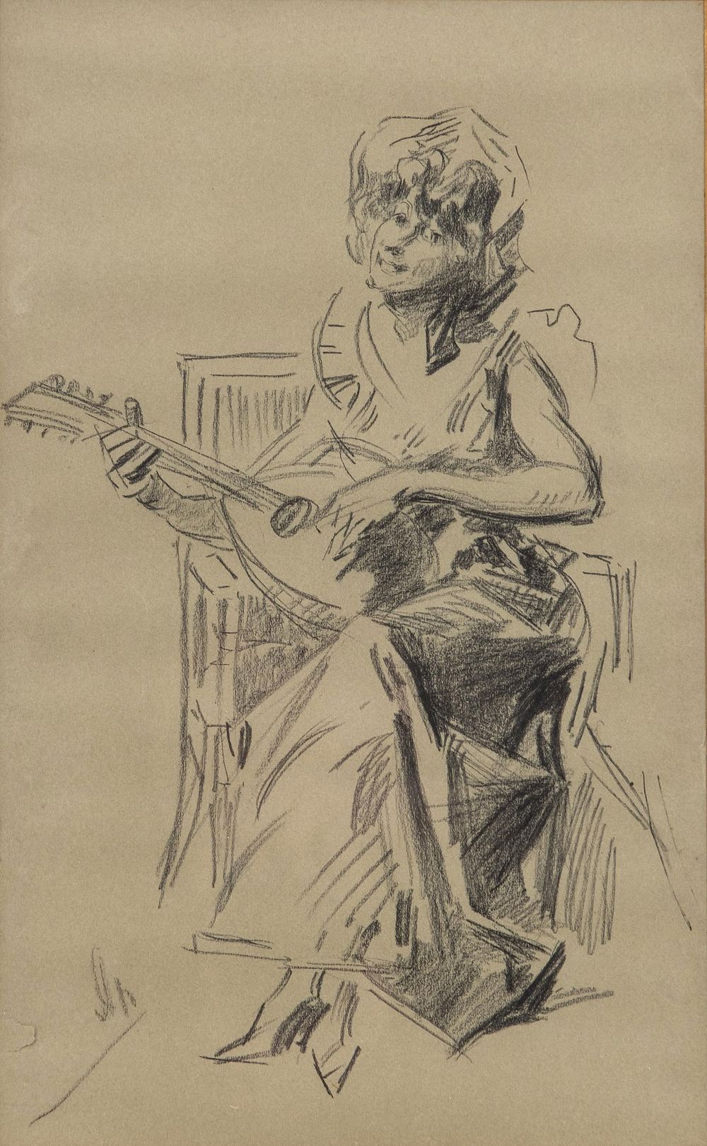 Lot 395: Jules Cheret "Mandolin Player" Original Signed Pencil Drawing on Paper Painting, Circa 1910