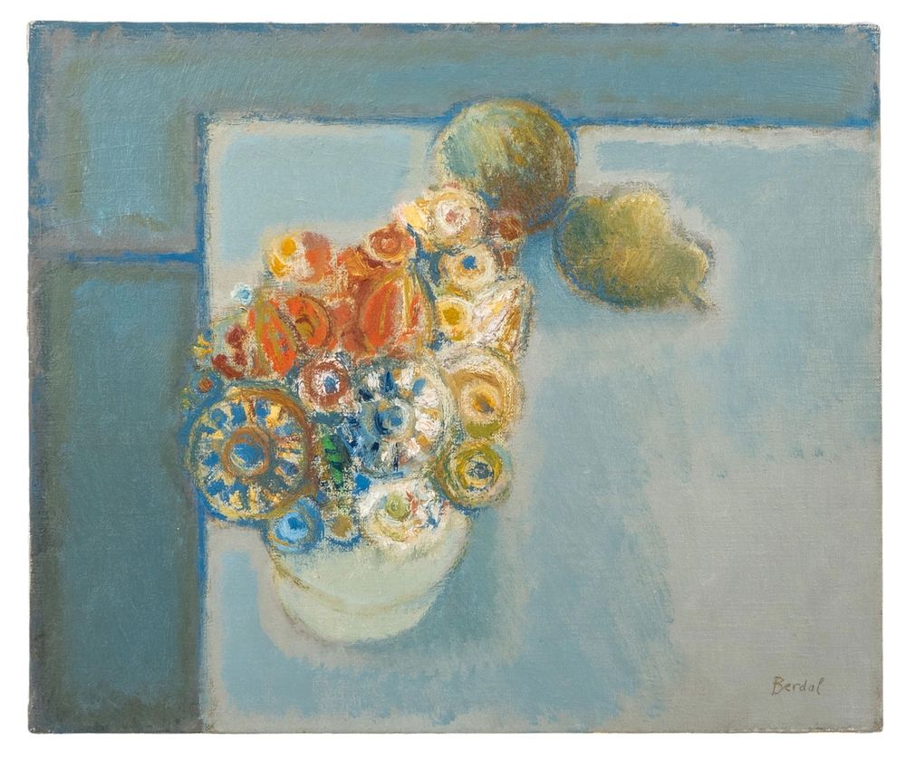 Lot 404: Alex Berdal, Bouquet and Pears, Oil on Canvas Painting, Signed