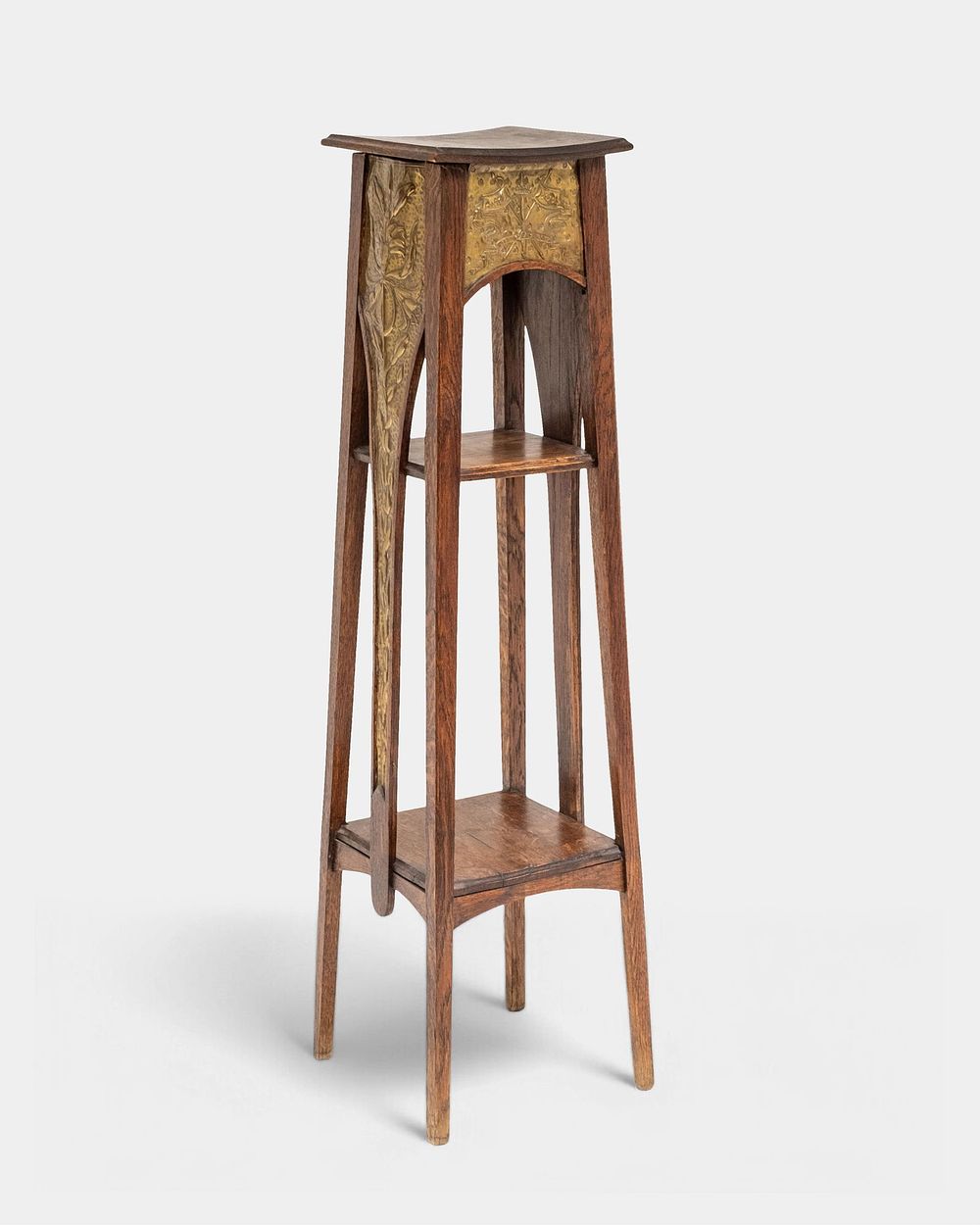 Lot 422: Art Nouveau Oak and Repousse Brass Plant Stand, Circa 1900