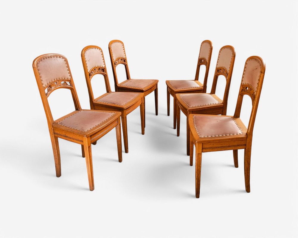 Lot 448: Set of Six Art Nouveau Oak, Floral Carved and Leather Dining Chairs, circa 1900