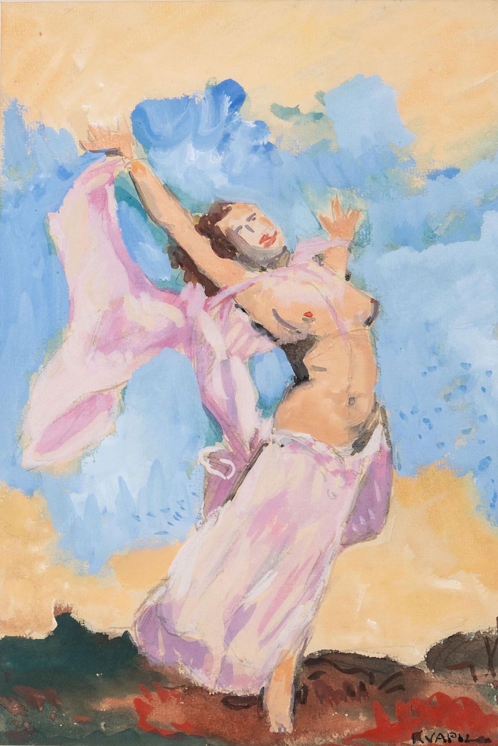Lot 476: Charles Kvapil Signed Gouache on Cardboard Painting