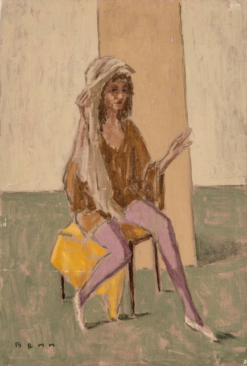 Lot 506: Signed "Benn" Modernist Oil Painting of Seated Woman, 1982