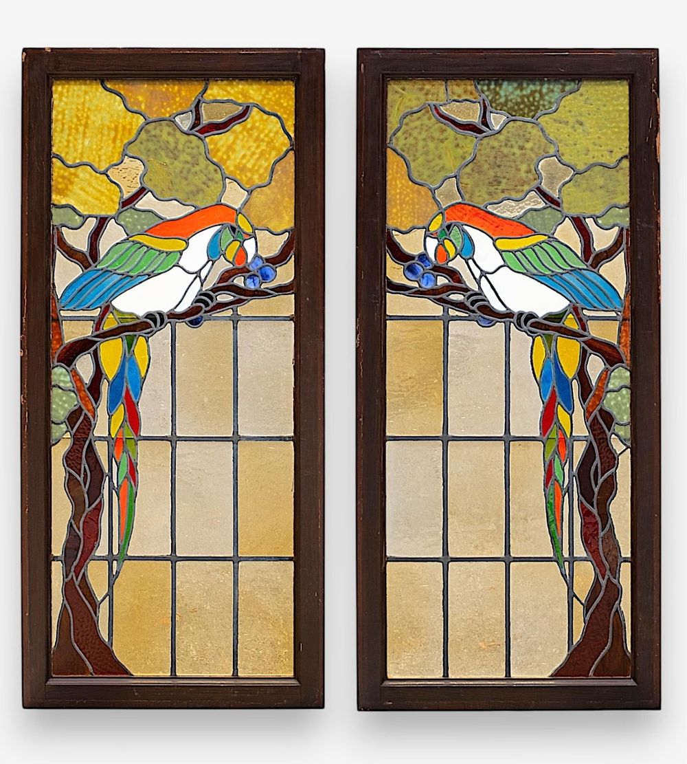 Lot 513: Pair of Art Nouveau Stained Glass Windows with Parrots, Circa 1900's