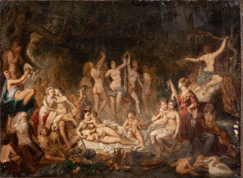Lot 527: Thomas Couture, 19th Century Mythological Bacchanal Oil on Canvas Painting, Signed
