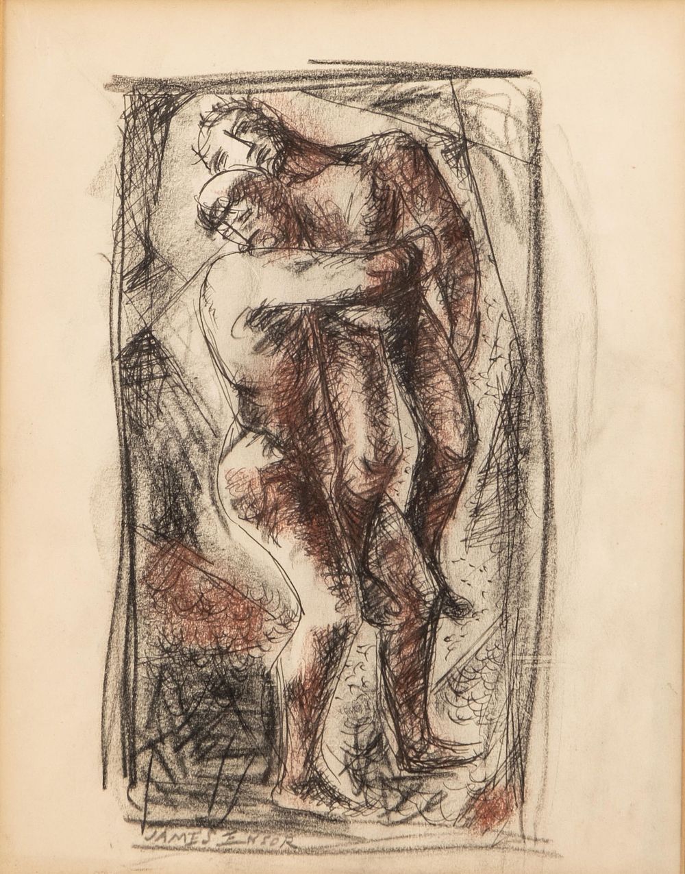 Lot 535: James Ensor Pencil Signed pen and crayon Symbolist Figural Painting, circa 1900