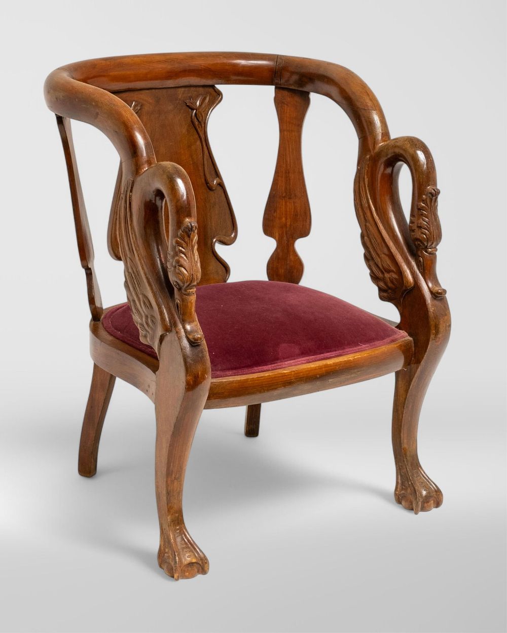 Lot 553: Carved Victorian Walnut Swan Motif Chair with Upholstered Seat