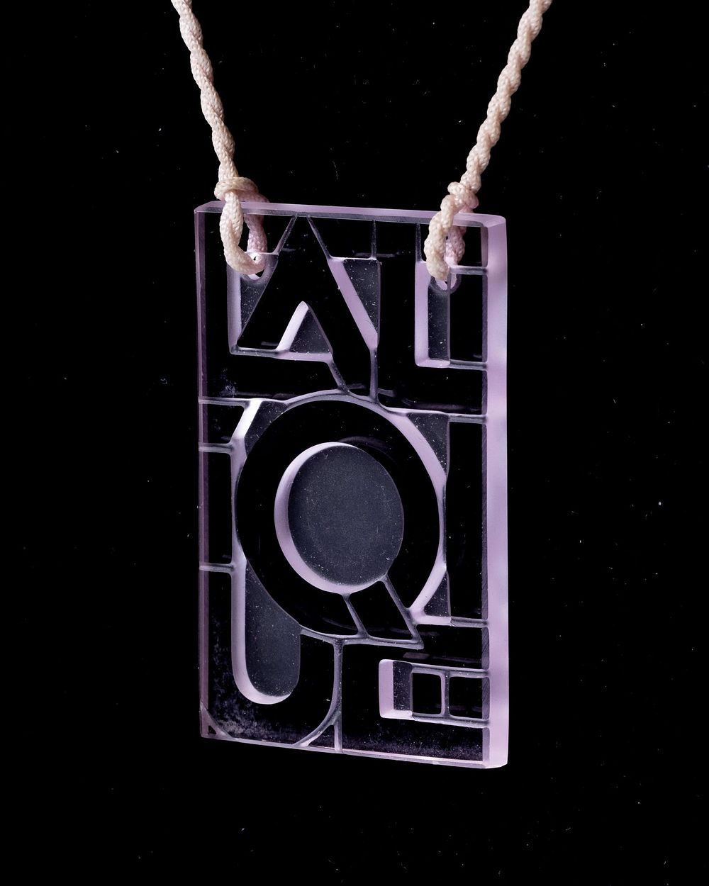 Lalique Pendant Logo Necklace in Pink Etched Molded Art Glass. Keywords: Art Deco, Modernist 