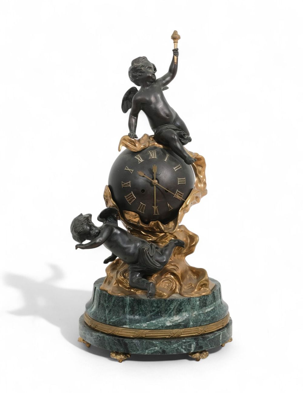 Lot 151A: Signed Imperial Italian Patinated Bronze & Marble Cherub Mantle Clock