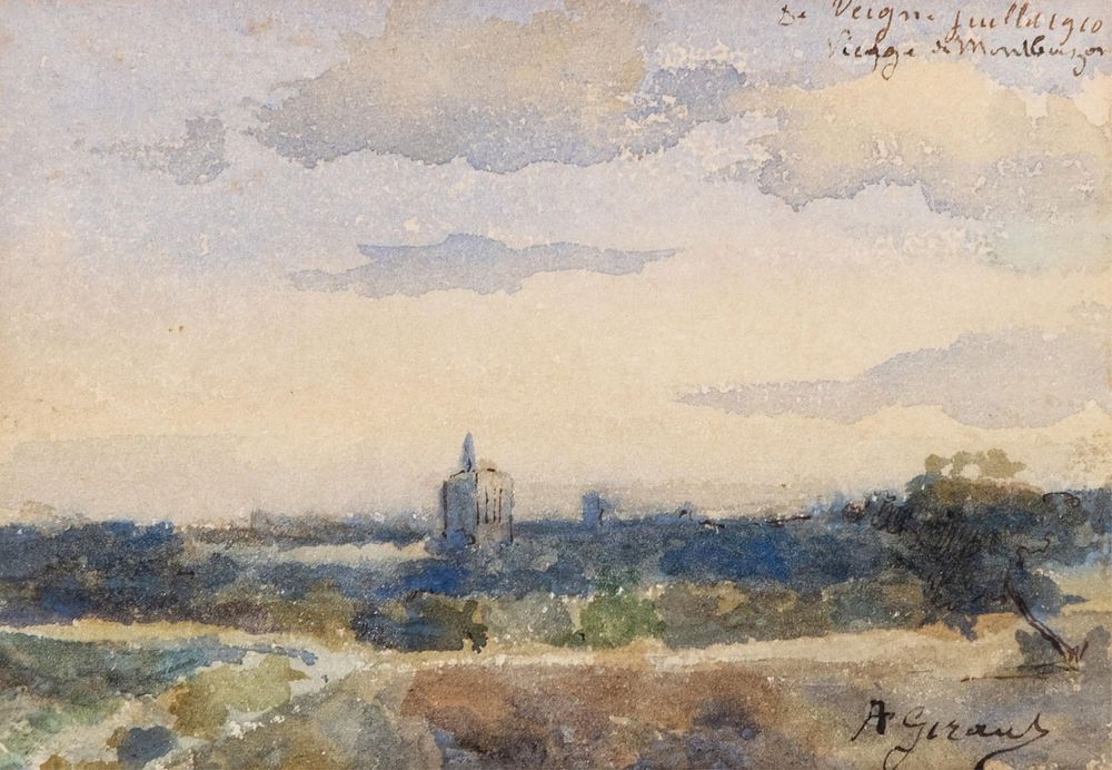 Lot 176: A. Giraud, Signed Watercolor Landscape Painting with Distant Church, 1910