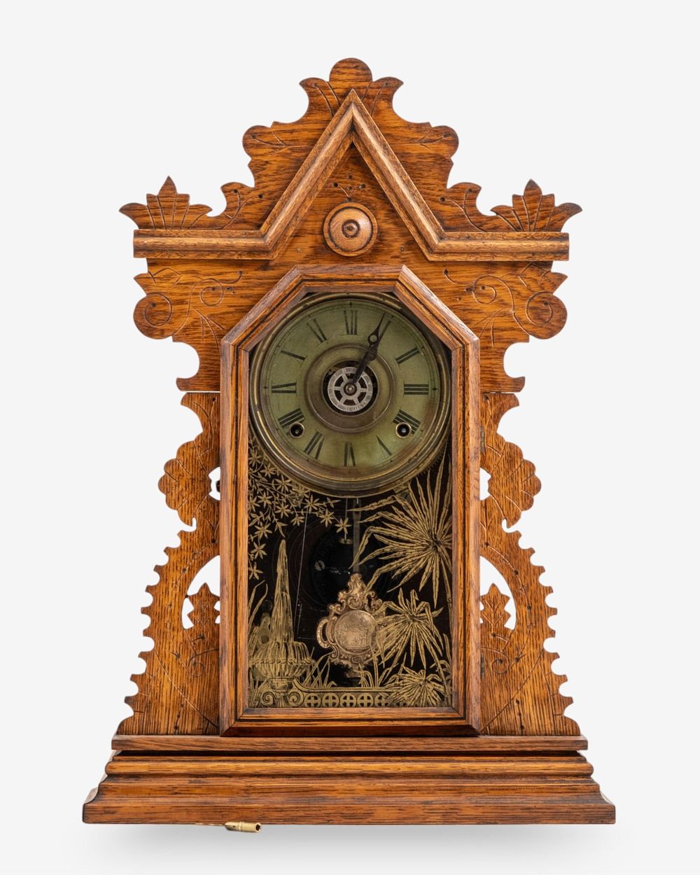 Lot 207: E. Ingraham Victorian Mantel Clock with Reverse Painted Glass, Circa 1880s