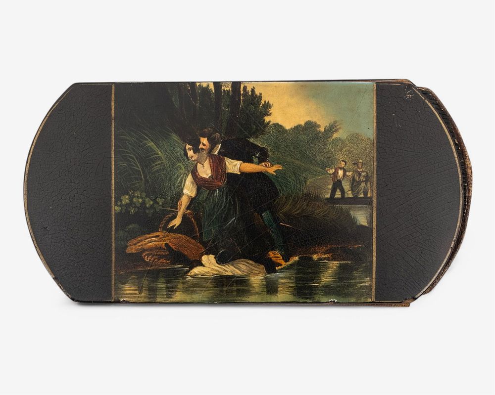 Lot 217: 19th Century Papier-Mache Cigar Case Lovers at the Washhouse Painting