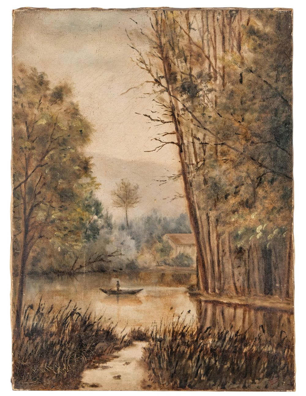 Lot 251: Late 19th-Century School, Riverside Scene, Monogrammed Oil on Canvas