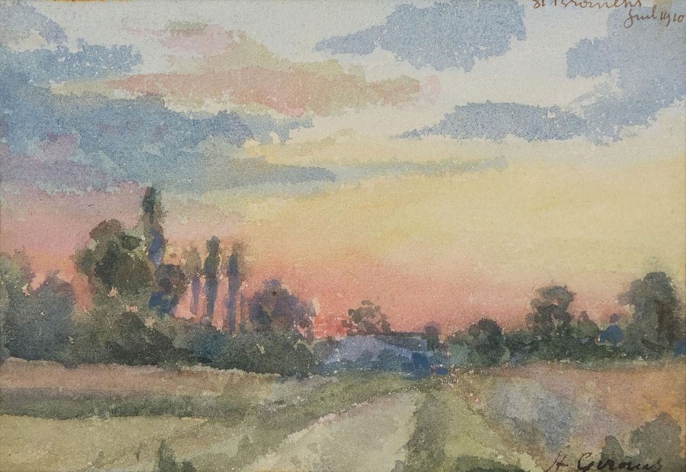 Lot 253: A. Giraud, Signed Watercolor Landscape with Sunset Painting, 1910