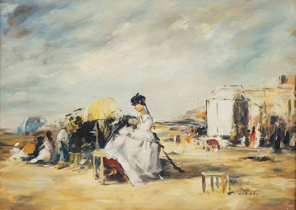 Lot 279: Signed Francois Nicoli, Lively Beach Scene, Oil on Canvas Painting