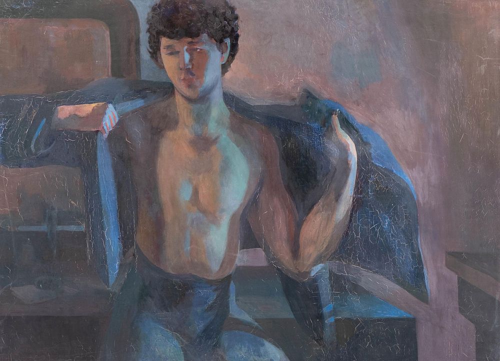 Lot 288: Bernadette Kelly Signed, “Young Man Sitting (Blue Tones)," Oil on Canvas Painting