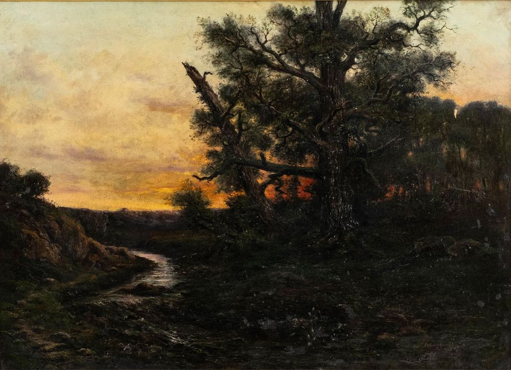 Lot 291: Henri Boisgontier (1850-1940), “River at Sunset," Signed Oil on Canvas Painting