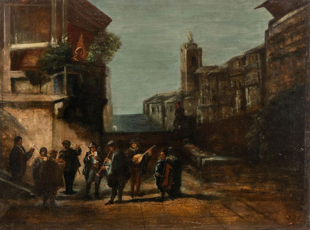 Lot 308: P. Alex, Italian Style Oil on Panel Painting, Musicians in Venice at Dusk, Signed