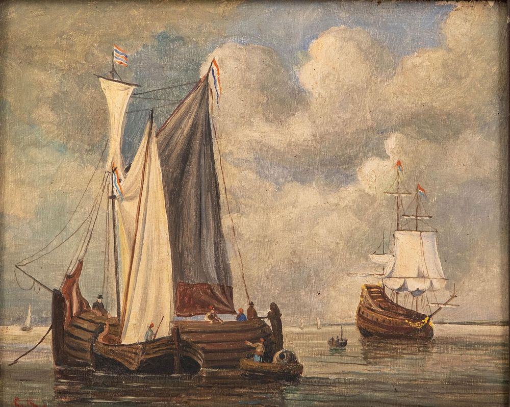 Lot 310: 20th Century Maritime Oil on Panel, Fishing Boats Under Cloudy Sky, Signed “CR