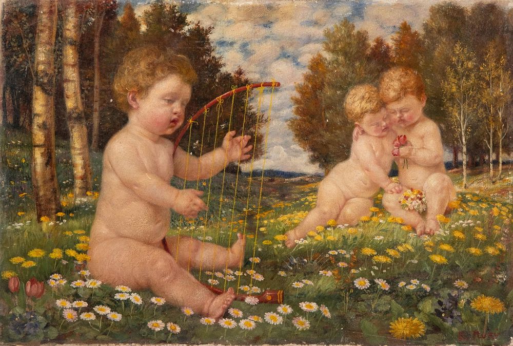 Lot 317: Signed Burckhardt Flury, Cherubs with Harp, Oil on Panel Painting