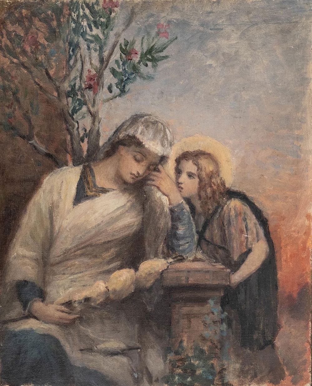 Lot 319: Puvis de Chavannes, Saint Genevieve Spinning, Oil on Canvas Painting