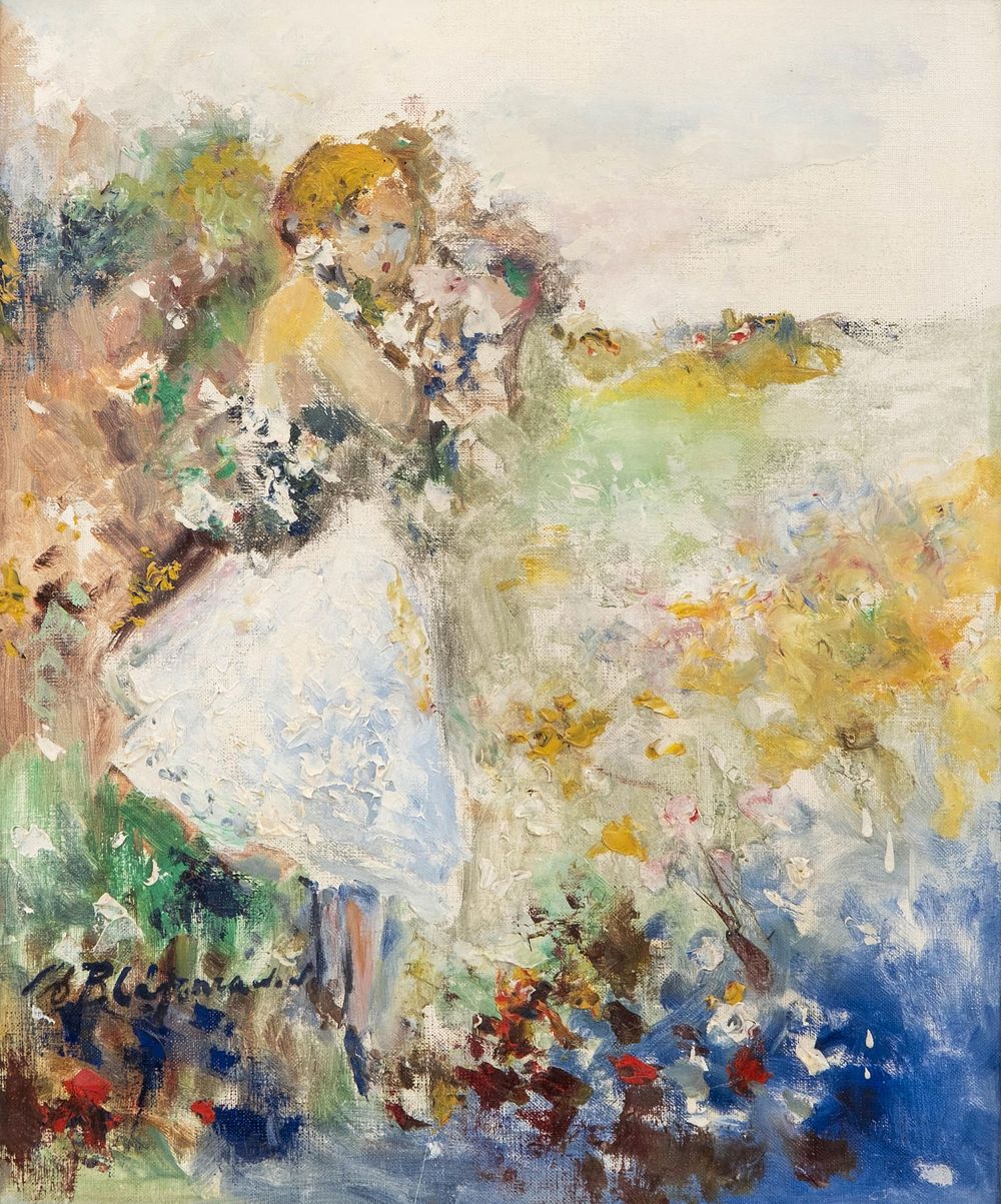 Lot 343: Fyodor Petrovitch Blagonravov (1885–1961) Signed Oil Painting, Young Girl in a Field