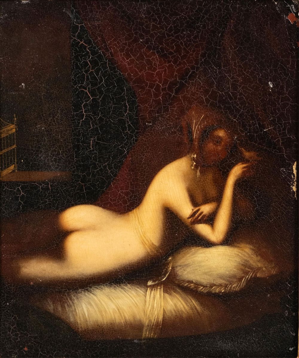 Lot 345: 19th C. School, Oil on Copper Painting After Maurin, Reclining Nude