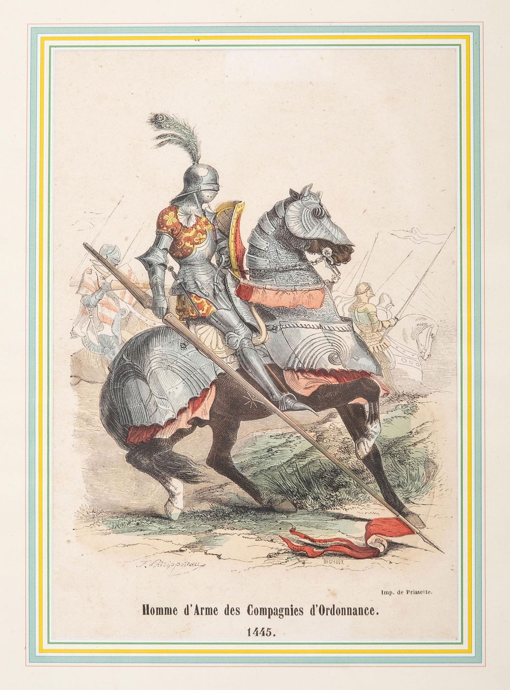 Lot 366: Félix Henri Emmanuel Philippoteaux, Man-at-Arms, 19th C. Hand-Colored Engraving