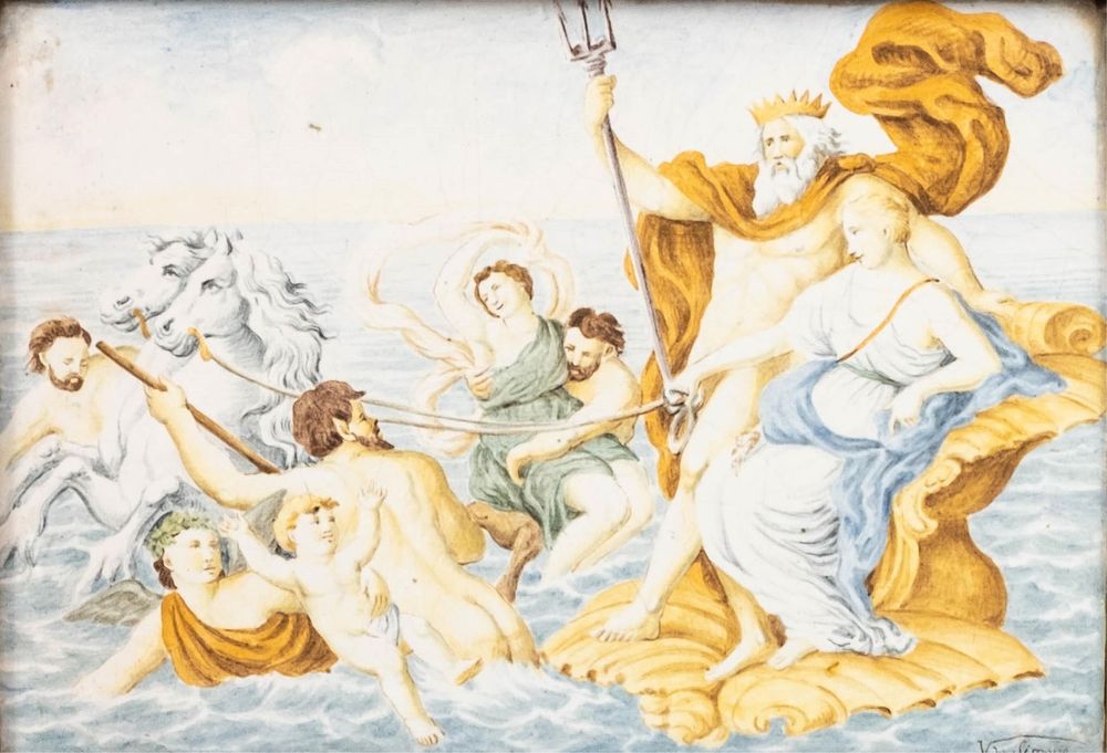 Lot 367: V. de Simone, Nettuno and Tetti, Polychrome Earthenware Plaque, Late 18th–19th C.