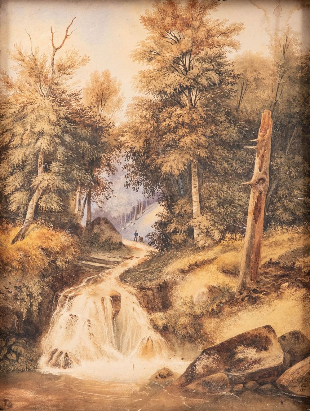 Lot 378: Signed A. Lafond, “Exploring the River," 1833 Watercolor Landscape