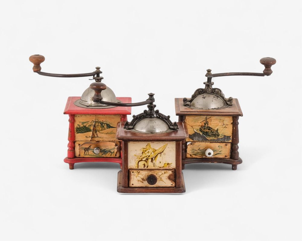 Lot 393: Set of 3 French Folk Art Painted Coffee Grinders, Circa 1900