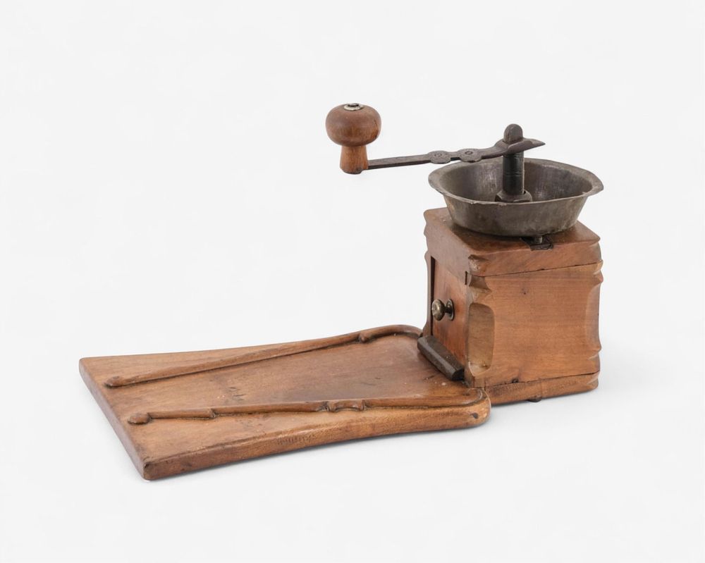 Lot 395: French Art Nouveau Wood and Iron Coffee Grinder with Tray