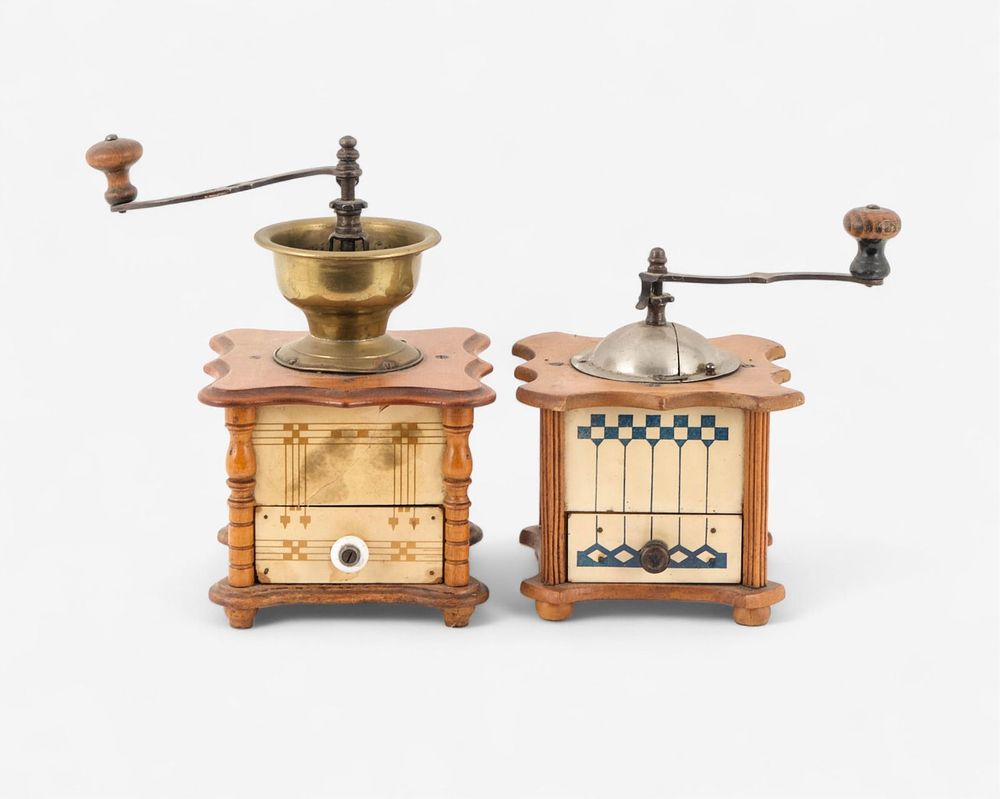 Lot 396: French Art Deco Painted Wood and Brass Coffee Grinders, Pair
